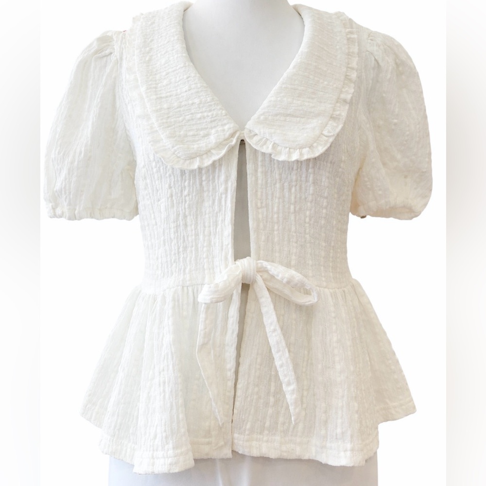 TAES Cottagecore Romantic White Peplum Blouse Peter Pan Collar Tie Front Small